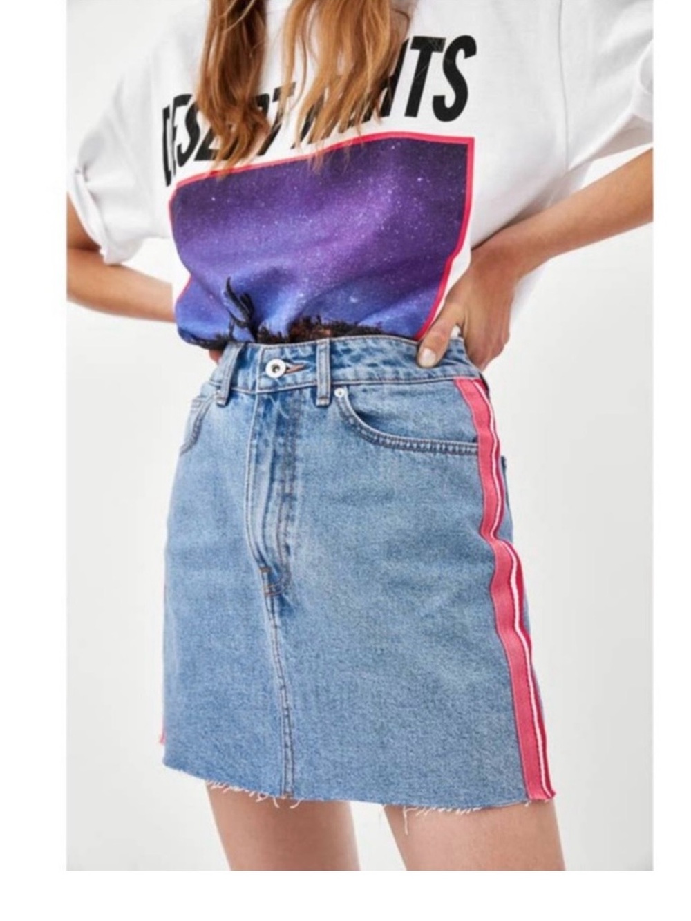 Zara Denim Racer Side Striped Mini Skirt - Red, White, Pink